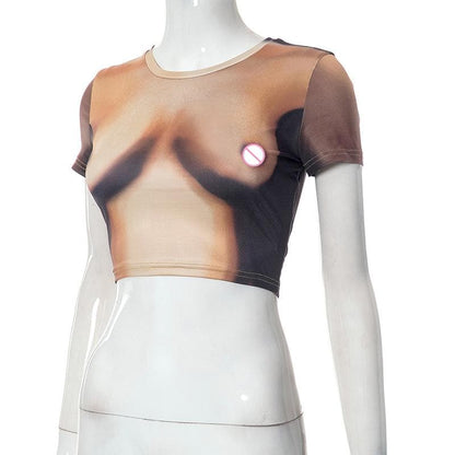 Kurzärmliges Crop-Top mit Rundhalsausschnitt und kontrastierendem Body-Muster 