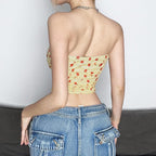 Textured flower print contrast backless tube crop top