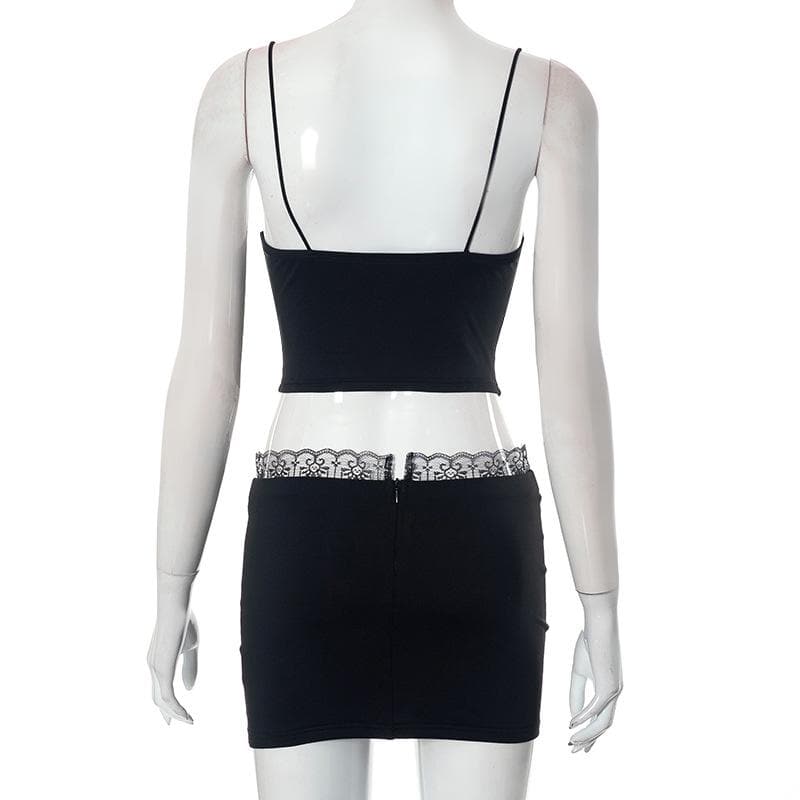 Lace hem zip-up mesh bowknot v neck backless mini skirt set