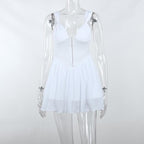 Button patchwork chiffon ruffle low cut mini dress