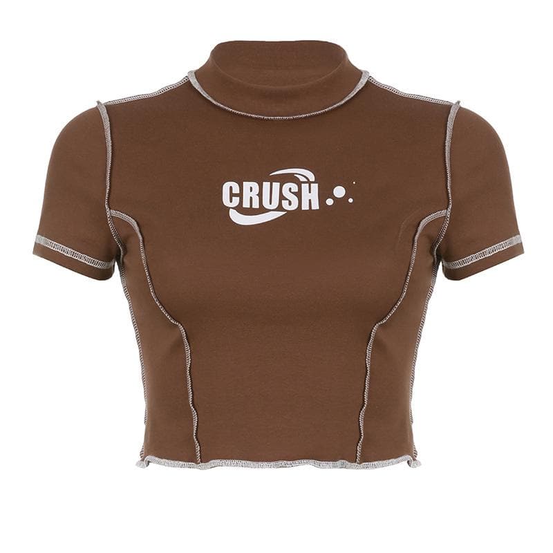 Stitch contrast short sleeve "CRUSH" pattern ruffle crop top