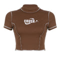 Stitch contrast short sleeve "CRUSH" pattern ruffle crop top
