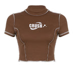 Stitch contrast short sleeve "CRUSH" pattern ruffle crop top