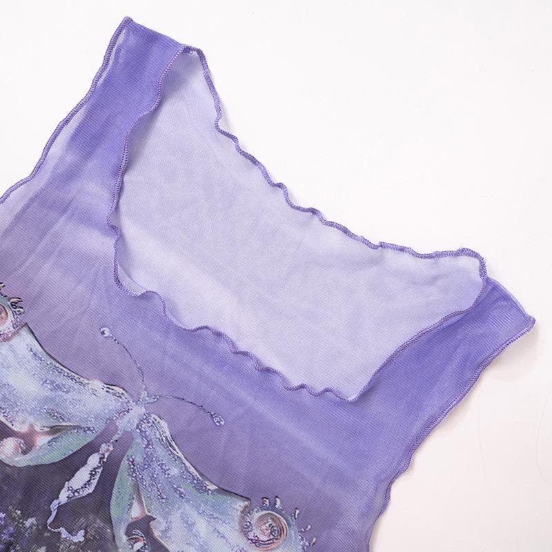 Sheer mesh see through abstract print ruffle sleeveless crop top