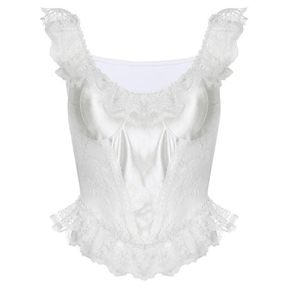 Cap sleeve satin lace hem low cut ruffle top - Final Sale