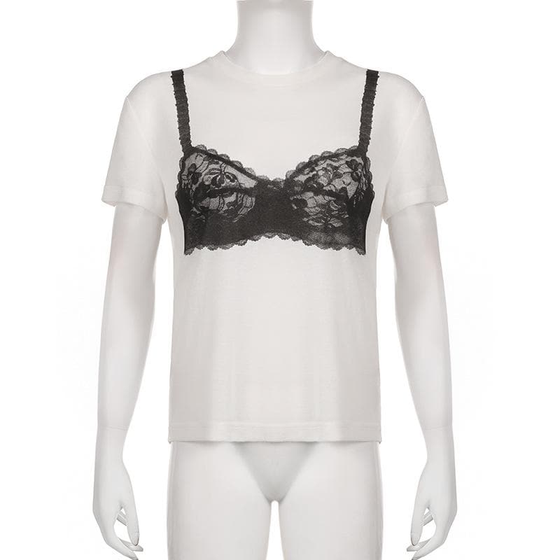 Top girocollo a maniche corte con motivo a reggiseno a contrasto 