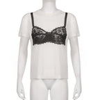 Top girocollo a maniche corte con motivo a reggiseno a contrasto 