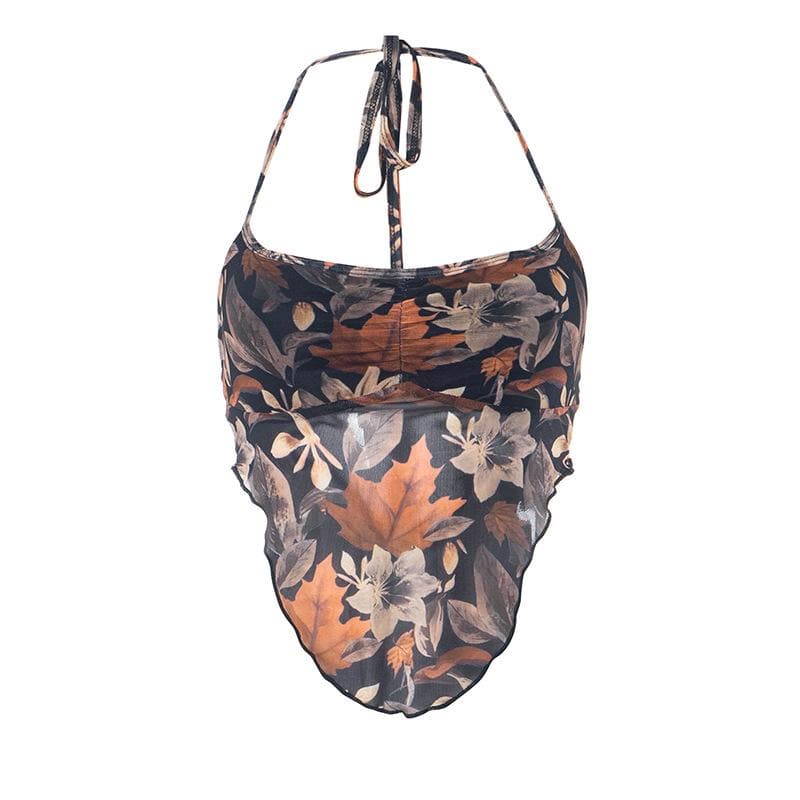 Mesh leaf pattern contrast ruched halter backless ruffle crop top - Final Sale