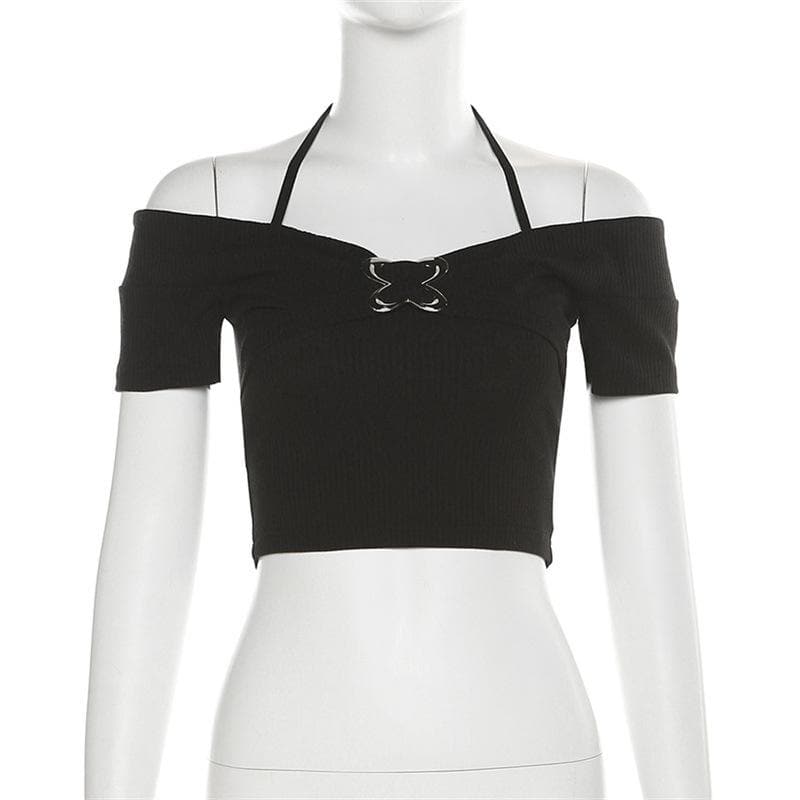 Off shoulder halter buckle short sleeve solid crop top
