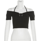 Off shoulder halter buckle short sleeve solid crop top
