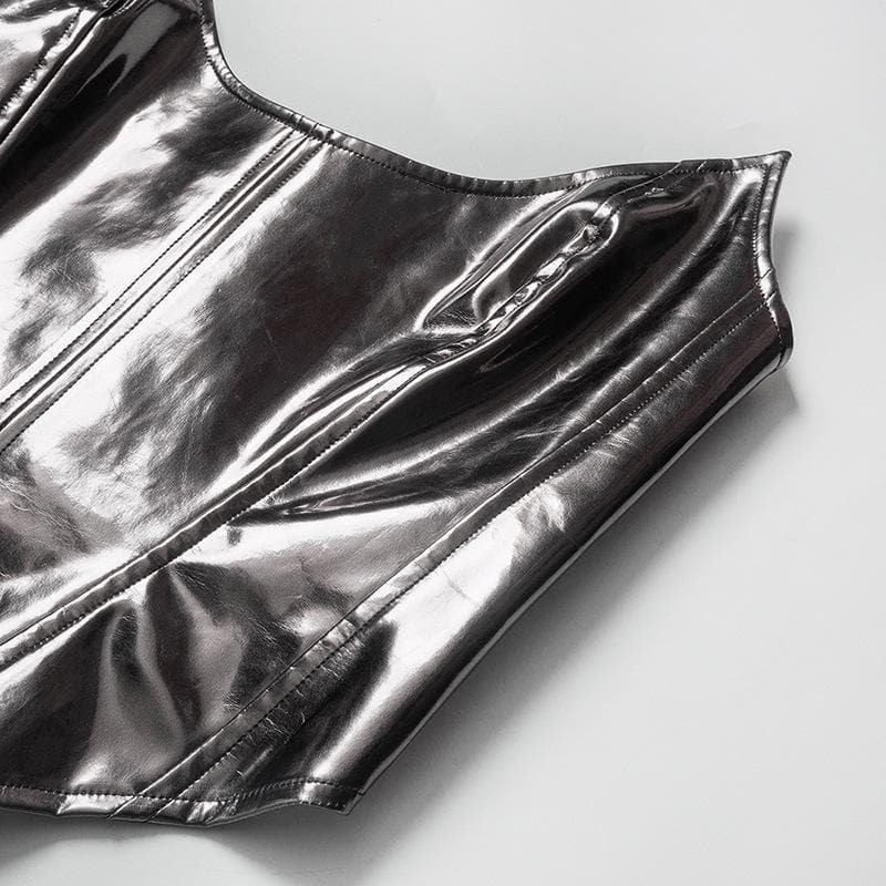 Corsetto in pelle PU con scollatura a U, top a tubino senza schienale e lacci 