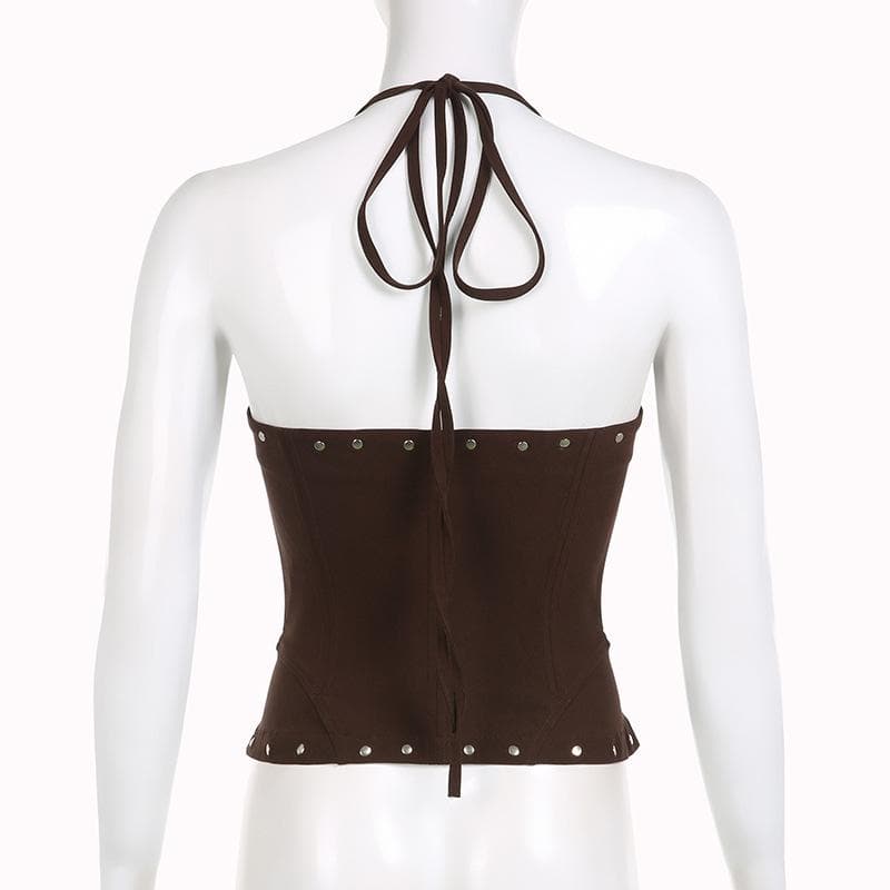Button lace up halter backless self tie top