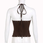 Button lace up halter backless self tie top