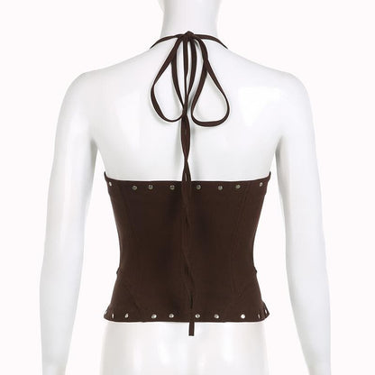 Button lace up halter backless self tie top