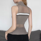 Crochet striped sleeveless high neck hollow out patchwork top