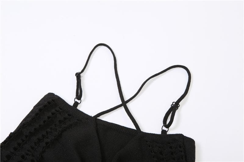 Cross back crochet hollow out v neck drawstring crop top