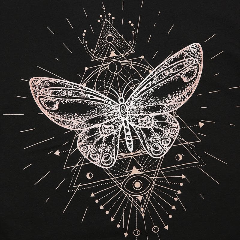 Butterfly pattern crewneck contrast short sleeve crop top