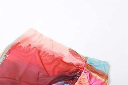 Long sleeve sheer mesh see through contrast drawstring mini skirt set