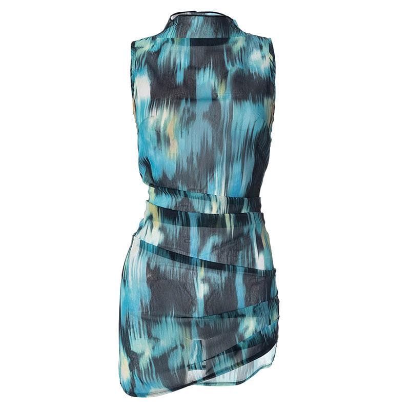 Ärmelloses Minikleid aus Chiffon mit hohem Kragen, Batikmuster und gerafftem Kontrast