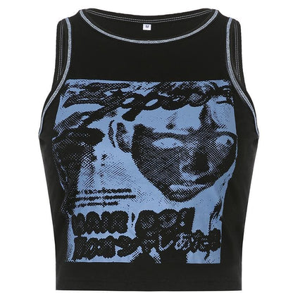 Crewneck sleeveless abstract contrast stitch crop top