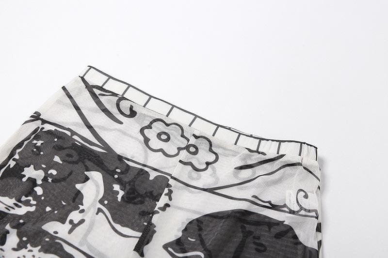 Sheer mesh see through long sleeve button v neck abstract print pant set