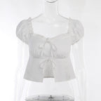 Smocked puff sleeve solid ruffle slit backless crop top
