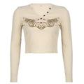 Ribbed abstract print long sleeve button contrast top