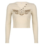 Ribbed abstract print long sleeve button contrast top