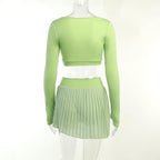 Hollow out solid gloves pleated long sleeve mini skirt set - Final Sale