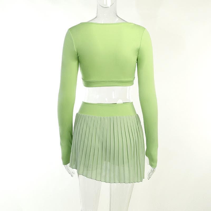 Hollow out solid gloves pleated long sleeve mini skirt set - Final Sale