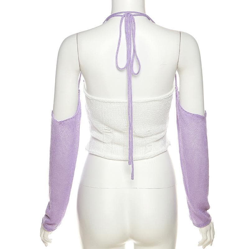 Crochet contrast off shoulder halter gloves ruched crop top