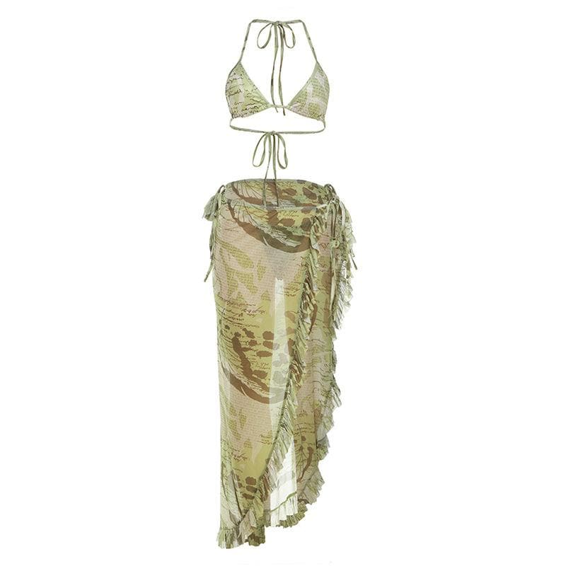 Halter self tie backless ruffle irregular mesh contrast print maxi skirt set