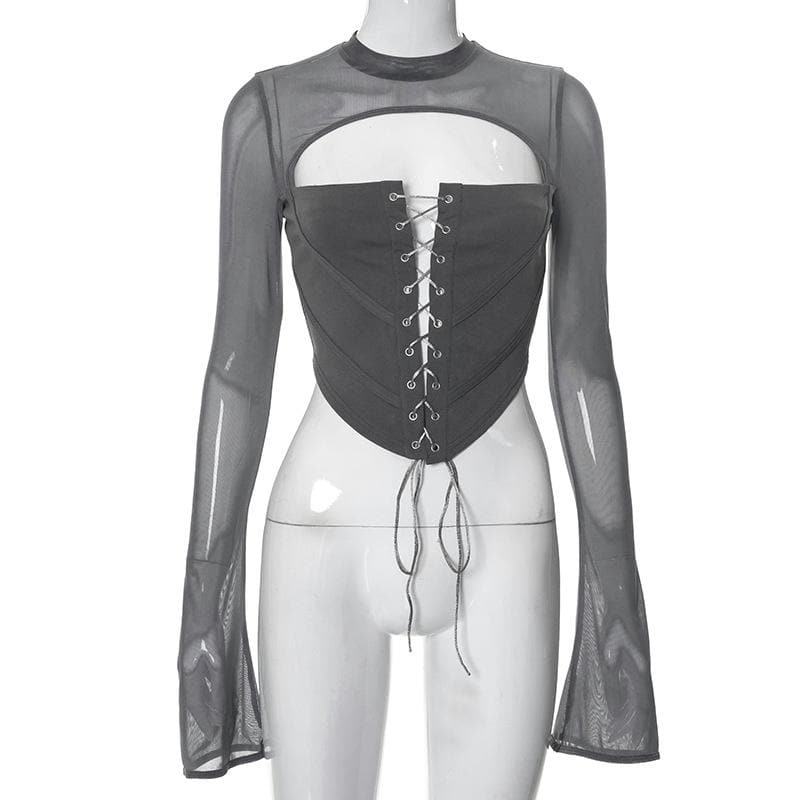 Lace up flared sleeve crewneck corset hollow out backless top