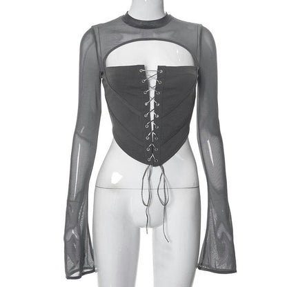 Lace up flared sleeve crewneck corset hollow out backless top