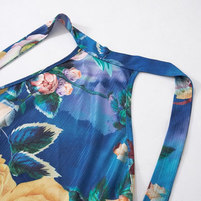 Rückenfreies Maxikleid aus transparentem Netzstoff mit Blumenmuster und Neckholder in Kontrastfarbe zum Binden 