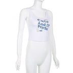 Sleeveless "Cute And Psycho" pattern u neck backless contrast crop top