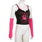 Abstract Patchwork Notch Neck Gloves Contrast Crop Top