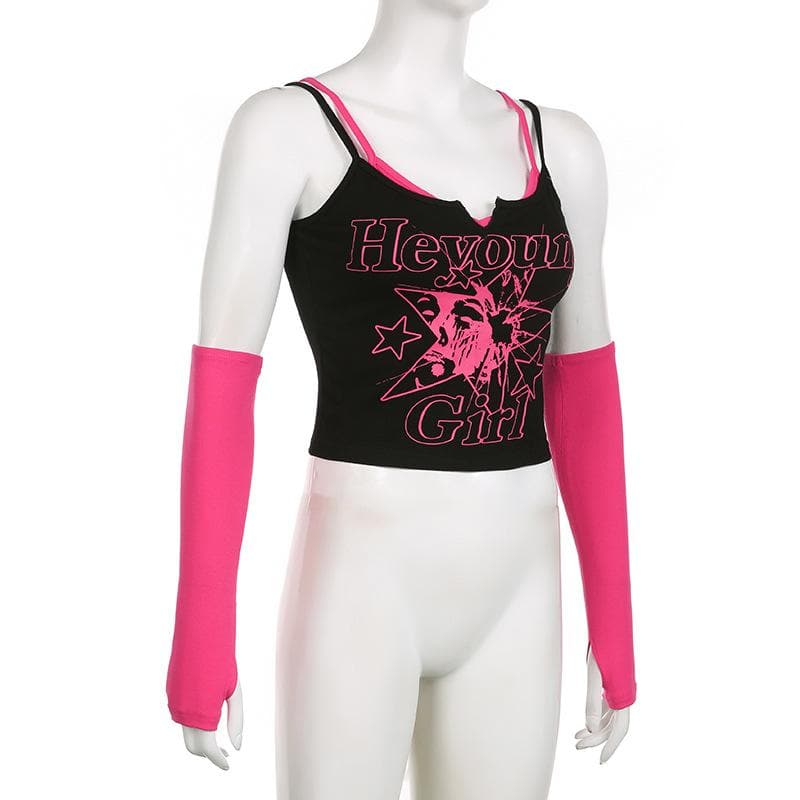 Abstract Patchwork Notch Neck Gloves Contrast Crop Top