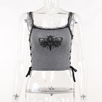 Lace hem backless lace up butterfly pattern contrast crop top
