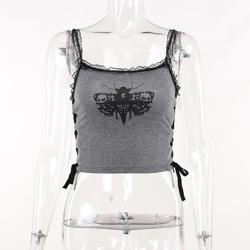 Lace hem backless lace up butterfly pattern contrast crop top