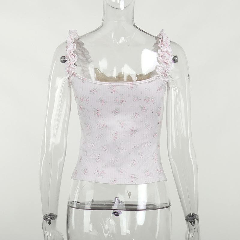 Flower print contrast sleeveless lace hem ruched top