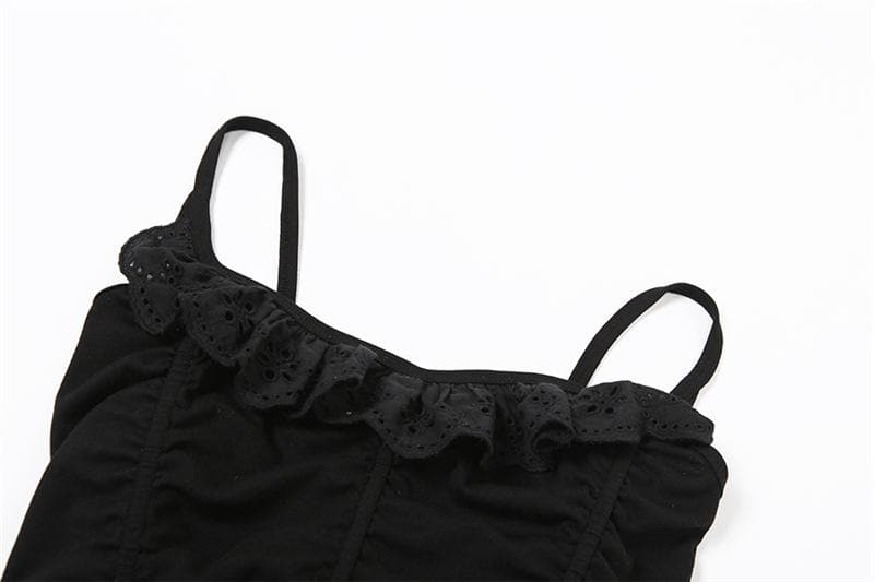 Square neck lace hem backless ruched corset solid cami top