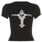 Short sleeve cross pattern crewneck contrast crop top
