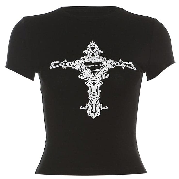 Short sleeve cross pattern crewneck contrast crop top