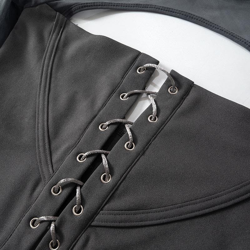 Lace up flared sleeve crewneck corset hollow out backless top