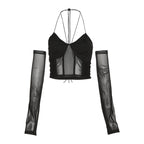 Mesh patchwork bustier gloves halter backless ruched crop top