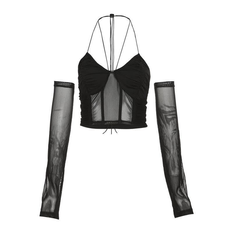 Mesh patchwork bustier gloves halter backless ruched crop top