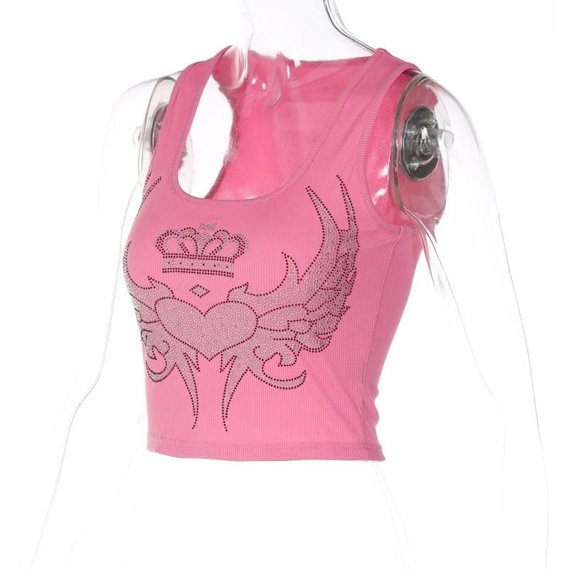 Beaded contrast abstract print u neck sleeveless ribbed crop top