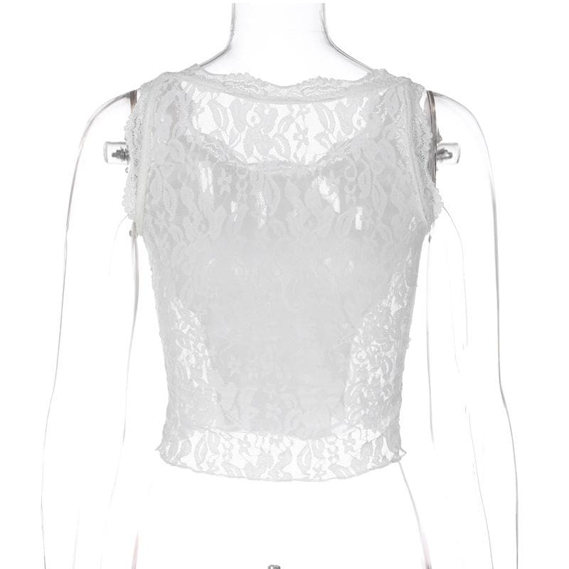 Top corto in pizzo senza maniche con scollo a U e patchwork in tinta unita 