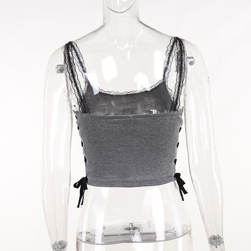 Lace hem backless lace up butterfly pattern contrast crop top